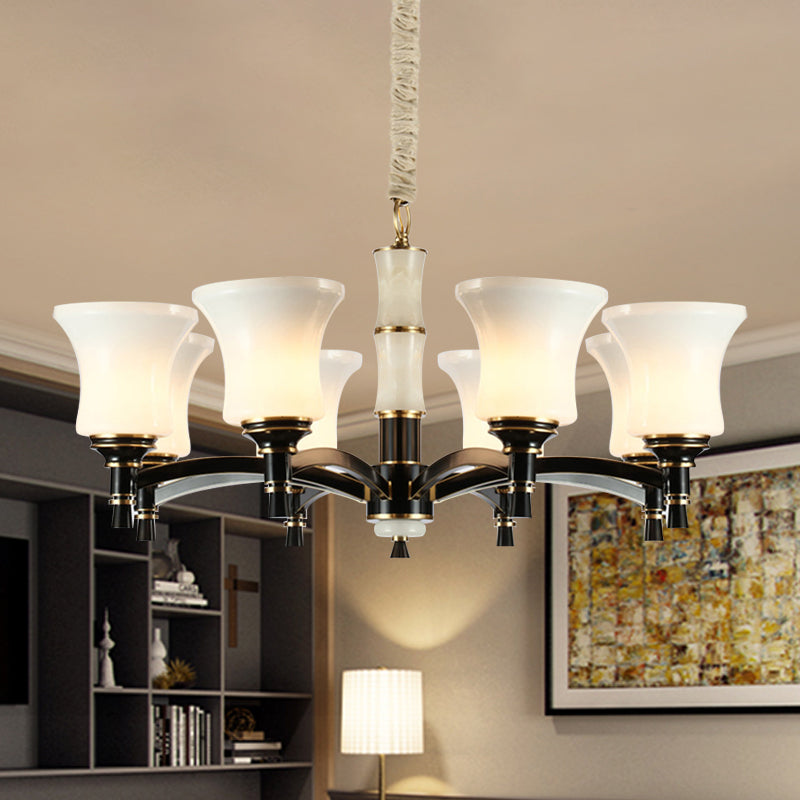 Black Flared Shade Hanging Pendant Light Traditional Style Frosted Glass 6/8-Head Living Room Chandelier Light