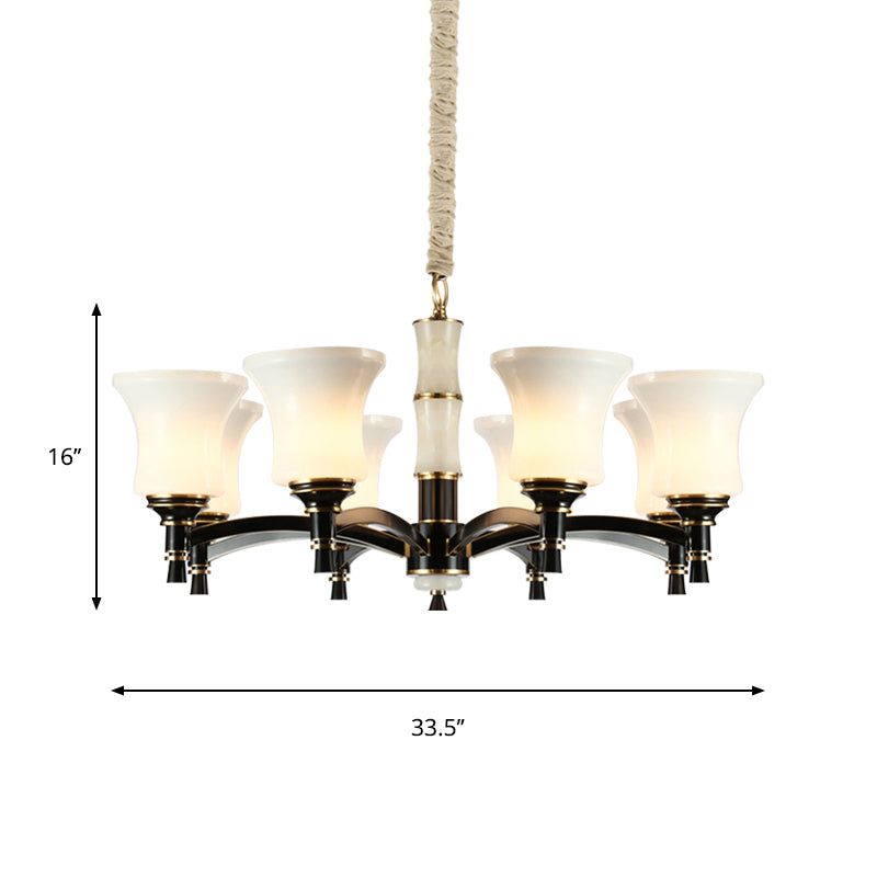 Black Flared Shade Hanging Pendant Light Traditional Style Frosted Glass 6/8-Head Living Room Chandelier Light