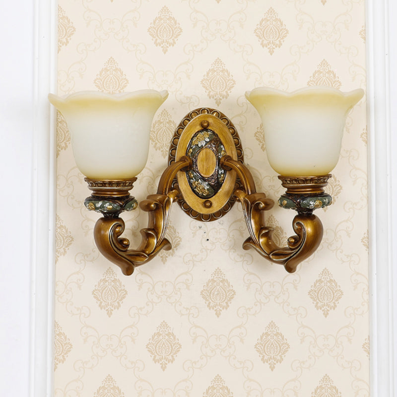 Antique Blossom Shade Wall Lamp 1/2-Light Faceted Crystal Sconce Light Fixture in Brown for Bedroom