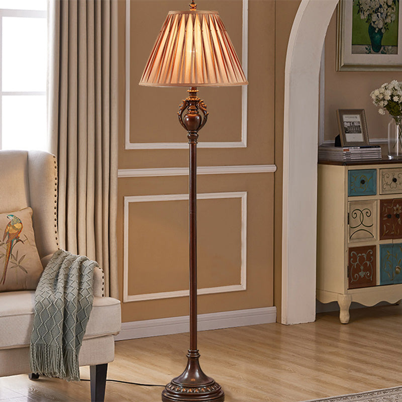 Brown Pleated Tapered Shade Floor Light Retro Fabric 1-Bulb Living Room Floor Reading Lamp