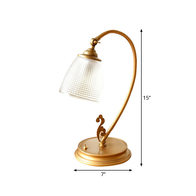 Gold 1 Bulb Desk Light Vintage Metal Swooping Arm Night Table Lamp with Flared Clear Glass Shade