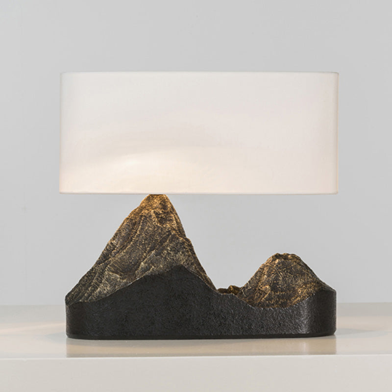 Mountain Design Bedroom Night Stand Lamp Vintage Style Resin 1-Light Black Desk Light with Drum Fabric Shade