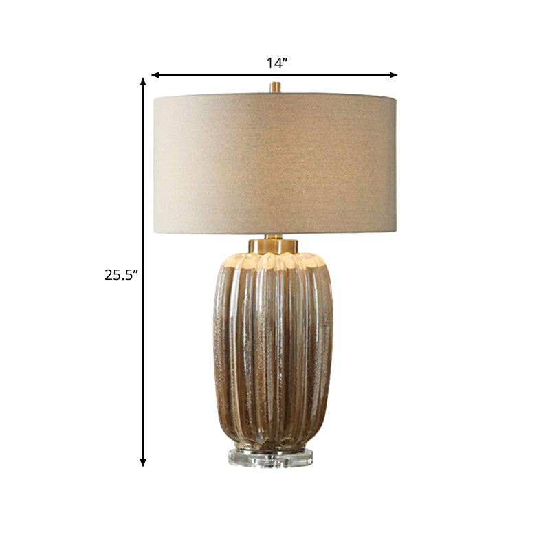 Lampe de nuit à ombre à tambour antiquée 1 lumière de bureau de tissu de bulbe avec base cylindrique en marron