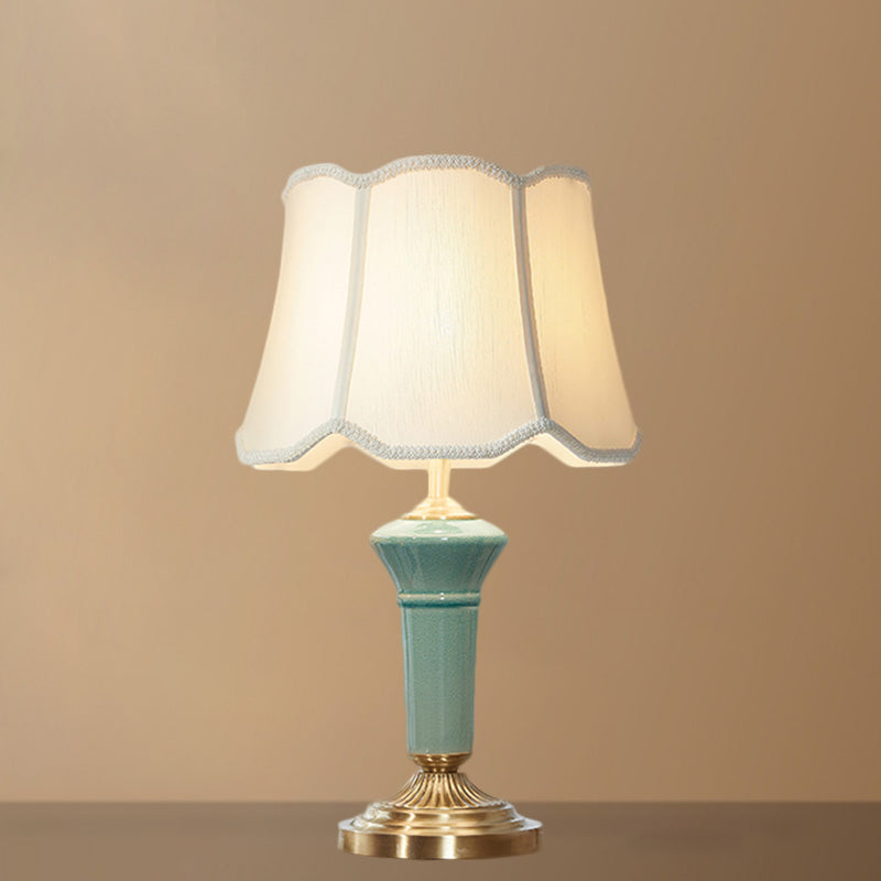 Porcelain Blue Desk Light Column-Shaped Base 1 Light Traditional Table Lamp with Ruffle Edged Fabric Shade