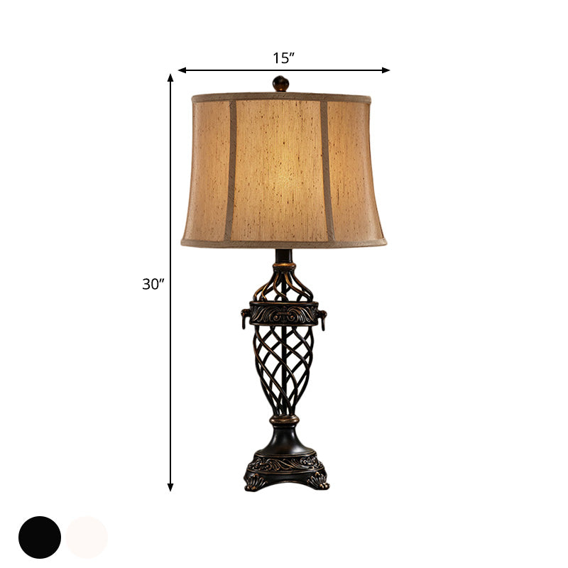 Lampada da tavolo bianca/nera a 1 lampadina Lampada da comodino con base a urna aperta in resina vintage con paralume in tessuto