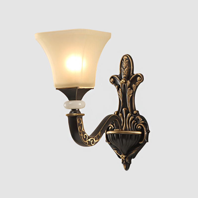 Black 1/2-Bulb Wall Mounted Light Fixture Retro Milky Glass Flared Shade Sconce Light