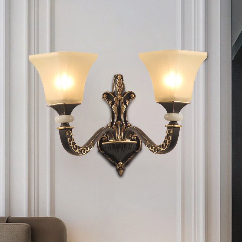 Black 1/2-Bulb Wall Mounted Light Fixture Retro Milky Glass Flared Shade Sconce Light