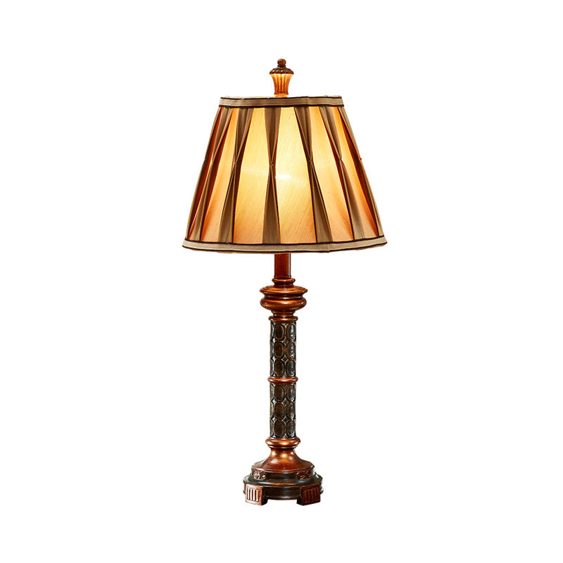 Fluted Column Base Night Stand Lamp Antiqued Style 1 Bulb Resin Desk Light in Brown with Fabric Shade