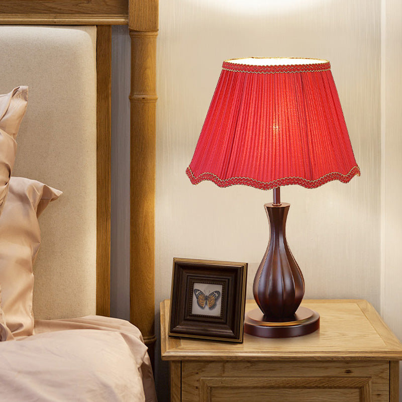 Red/White Conical Shade Desk Light Vintage Style Fabric 1 Light Guest Room Night Table Lamp