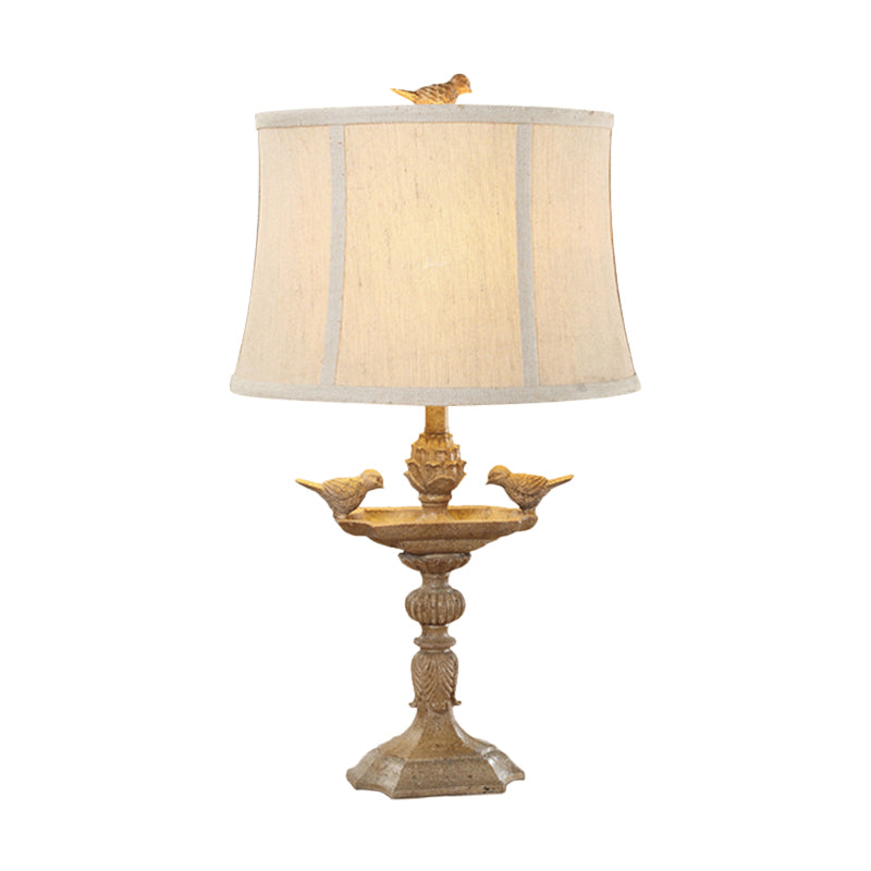 Resin Bird Base Desk Light Countryside 1 Head Study Room Night Table Lamp in Light Brown with Fabric Shade