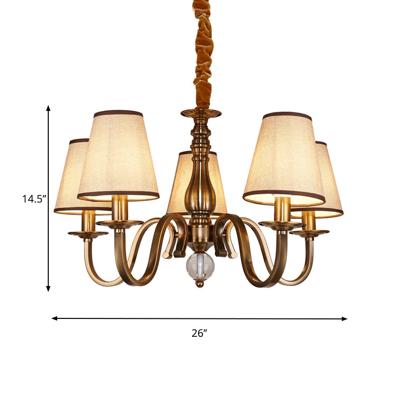 5/8 Heads Chandelier Lighting Fixture with Conical Shade Fabric Vintage Living Room Hanging Pendant in Brass