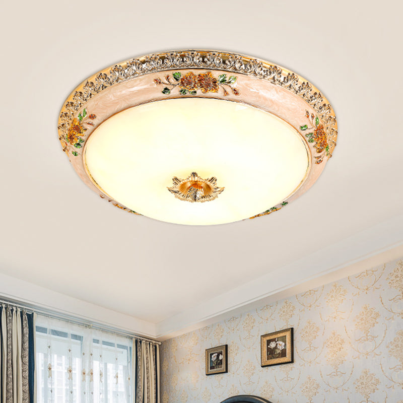 12"/16"/19,5" Breite, goldfarbene gewölbte Deckenbündige, traditionelle LED-Schlafzimmer-Unterputzbeleuchtung aus undurchsichtigem Glas mit geschnitzter Blume