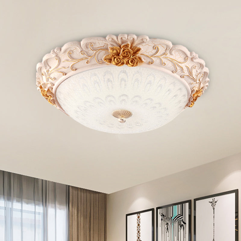 12"/16"/19.5" Width LED Flush Mount Lighting with Domed Shade Opal Blown Glass Retro Living Room Ceiling Lamp in White-Gold