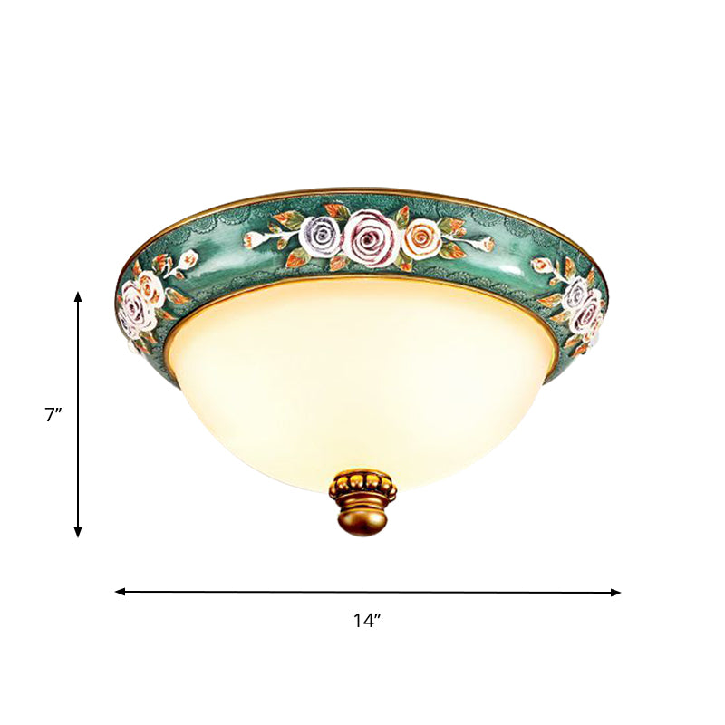Grün Floral Design Flush Mount Leuchte Retro Harz 3 Lichter Schlafzimmer Deckenbeleuchtung mit Kuppel Schatten
