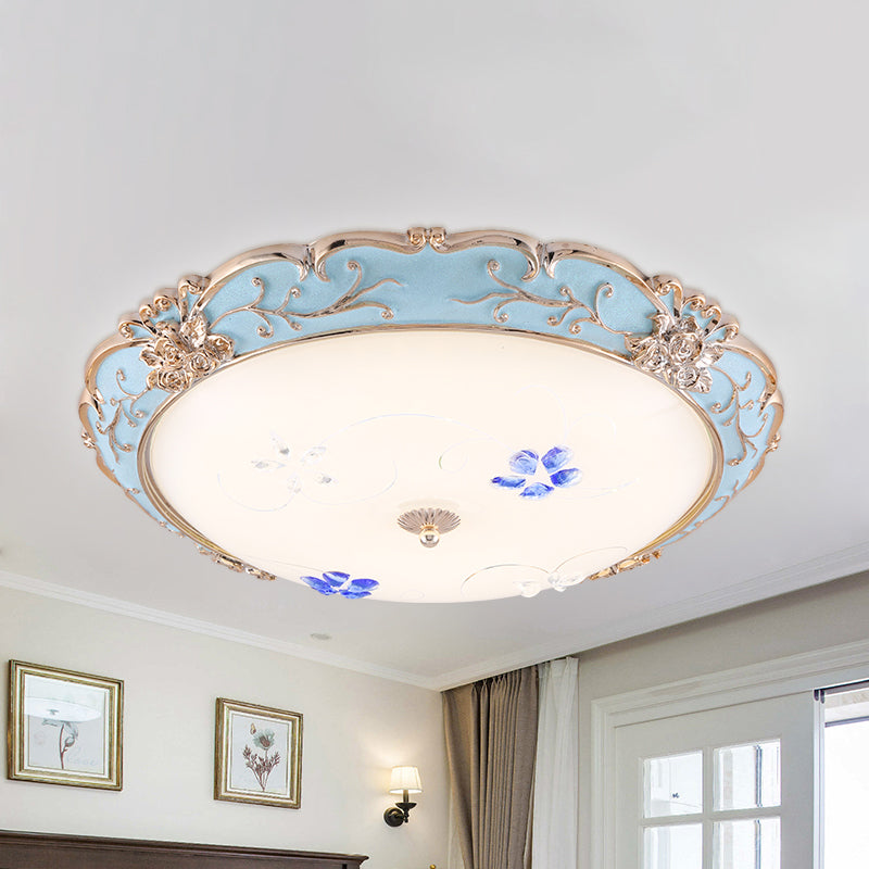 13"/16"/19.5" Wide LED Flush Mount Light with Floral Shade Opaque Glass Vintage Bedroom Ceiling Lighting in Light Blue, Warm/White Light