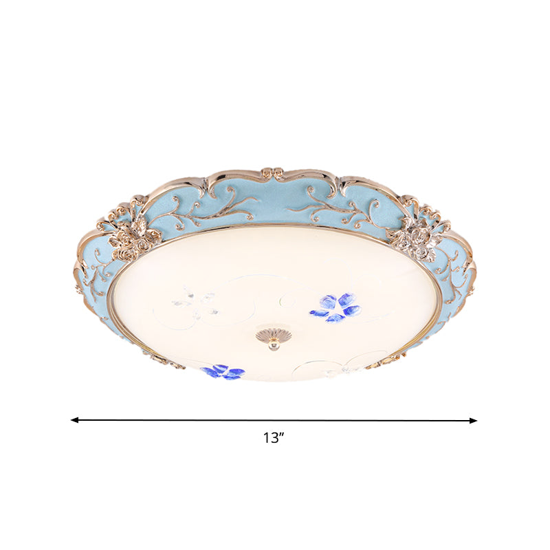 13"/16"/19.5" Wide LED Flush Mount Light with Floral Shade Opaque Glass Vintage Bedroom Ceiling Lighting in Light Blue, Warm/White Light