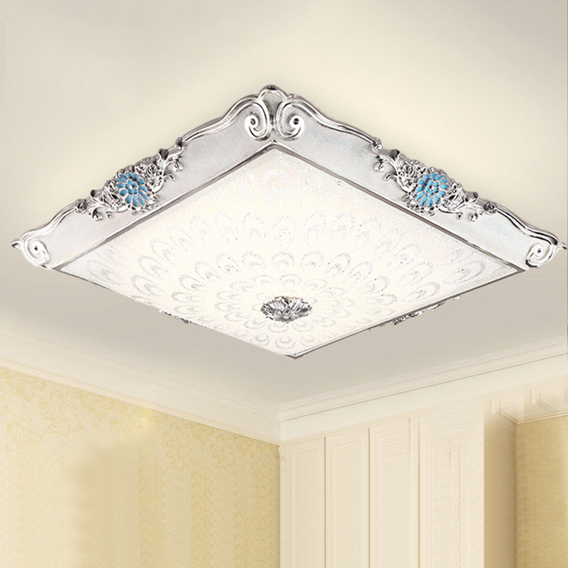 Square Shaped Bedroom Flushmount Light Retro Style Cream Glass LED Blue Ceiling Lamp