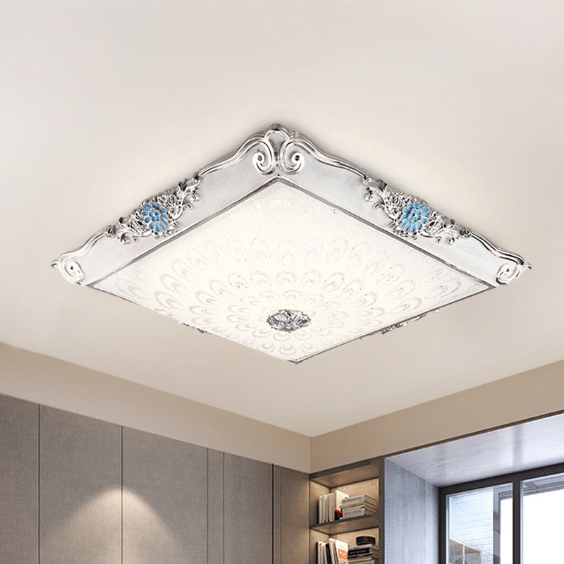 Square Shaped Bedroom Flushmount Light Retro Style Cream Glass LED Blue Ceiling Lamp