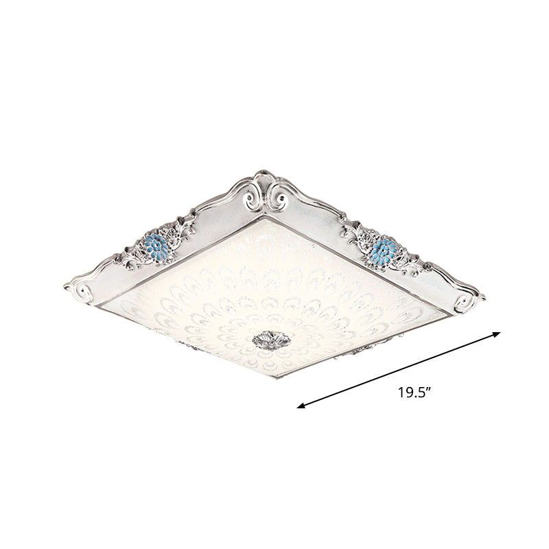 Square Shaped Bedroom Flushmount Light Retro Style Cream Glass LED Blue Ceiling Lamp