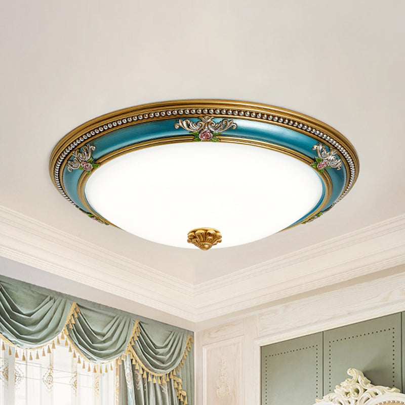 LED Flush Ceiling Lighting with Dome Shade White Glass Farmhouse Bedroom Flush Mount in Blue, 15"/18"/20.5" Width