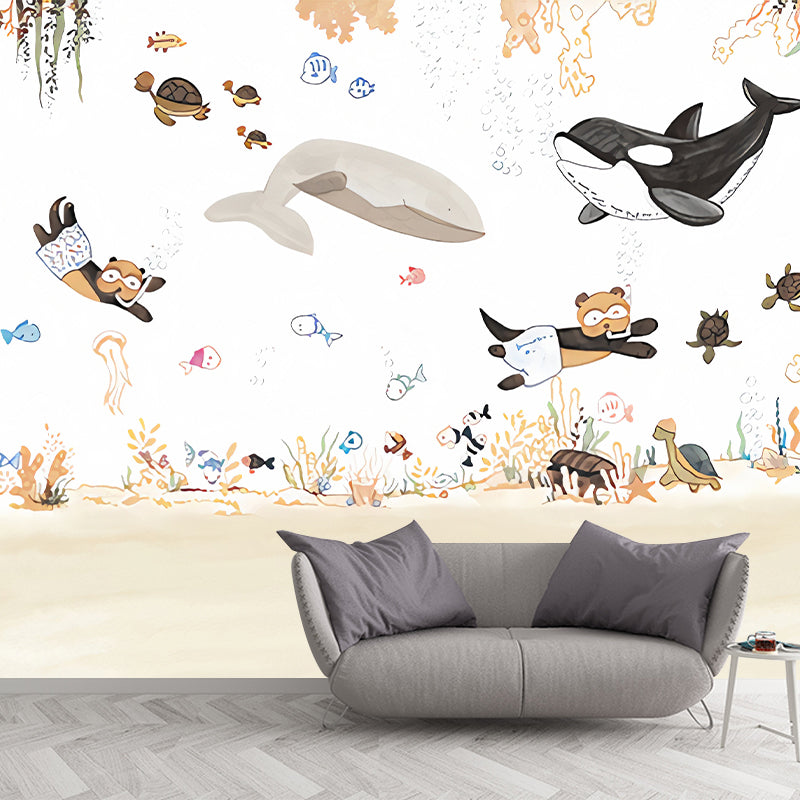 Cartoon Sea Underwater Diving Murals Soft-Color Stain Resistant Wall Decor for Kids Room