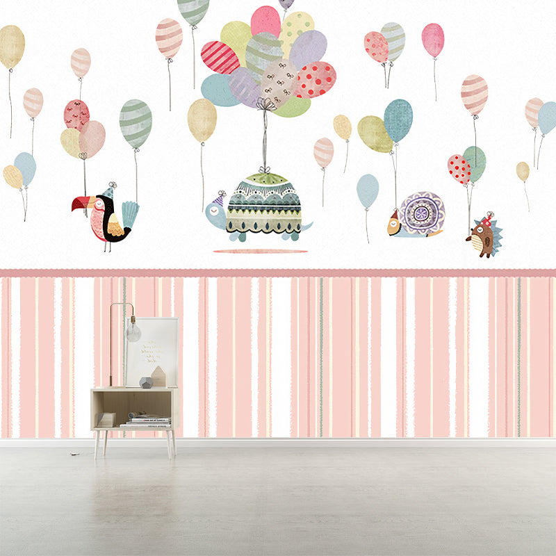 Childrens Art Baby Mural Wallpaper with Animal and Balloon Pattern Pastel Color Wall Covering for Nursery