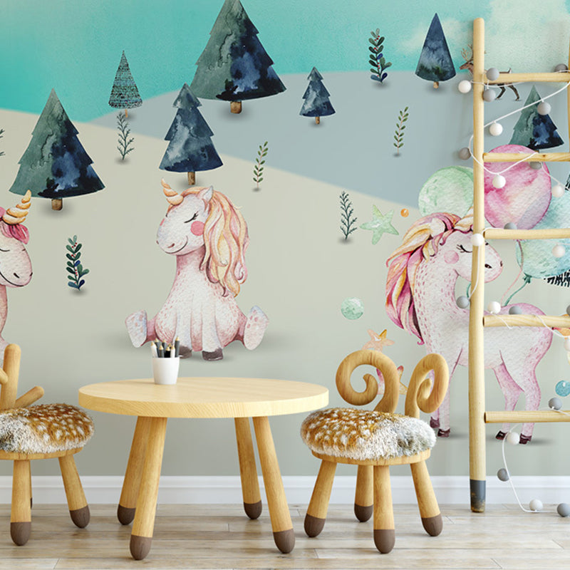 Pink-Blue Cartoon Wallpaper Murals Full Size Unicorn in Wilds Patterned Wall Decor for Kids Playroom