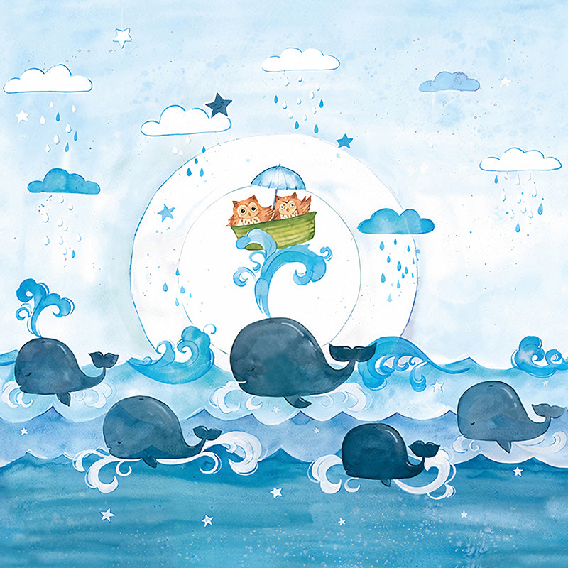 Cartoon Owl and Whales Murals Blue Sea Wall Decor for Childrens Bedroom, Optional Size