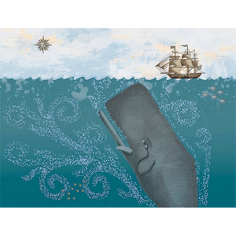 Wandgemälde für Kinder in voller Größe, Pastellfarben, Unterwasserwal und Segelboot, Wanddekoration, personalisierte Größe