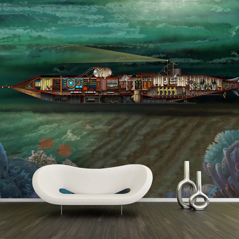 Childrens Art Submarine Wallpaper Murals for Boys Bedroom Personalized Wall Covering in Dark Color