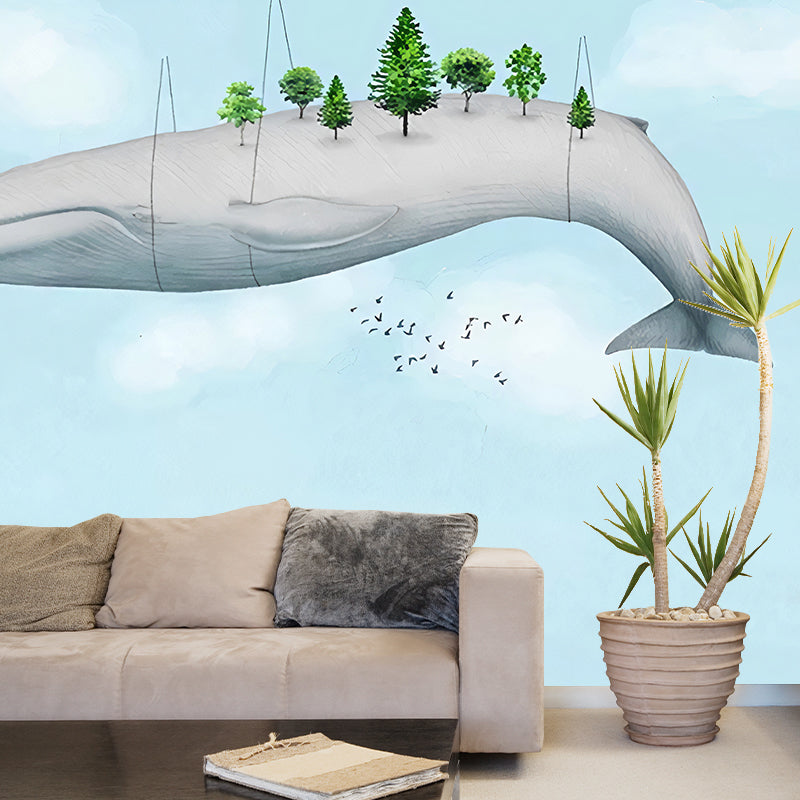 Light Color Flying Whale Murals Animal Cartoon Moisture Resistant Wall Art for Nursery