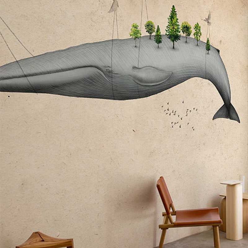 Light Color Flying Whale Murals Animal Cartoon Moisture Resistant Wall Art for Nursery