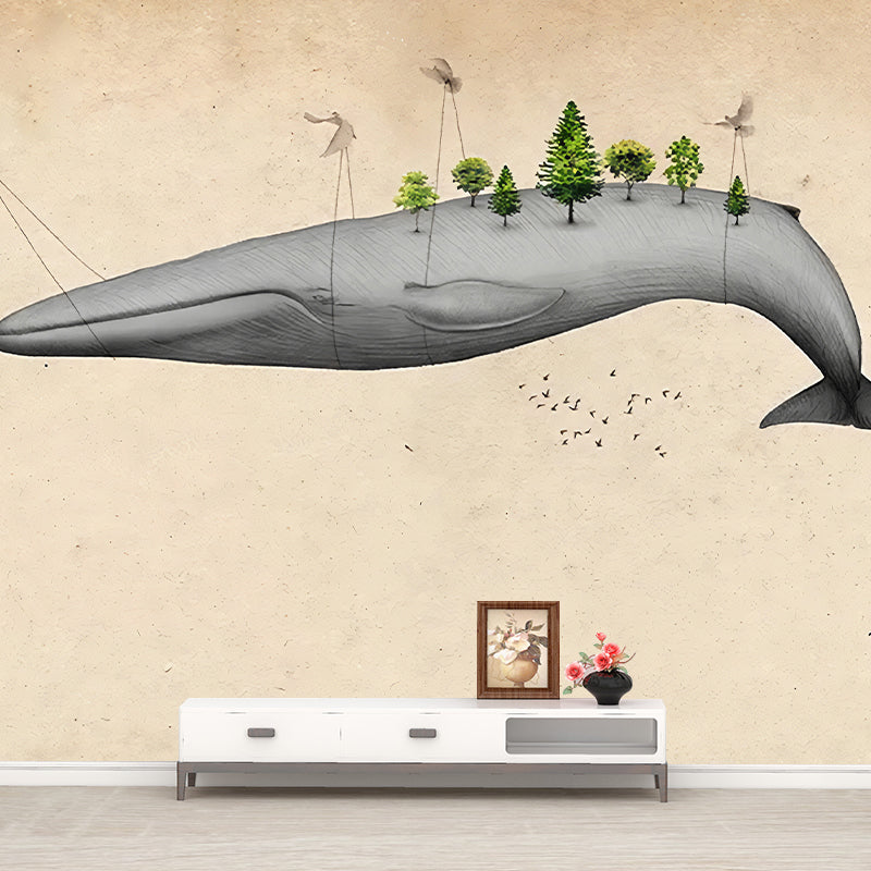 Light Color Flying Whale Murals Animal Cartoon Moisture Resistant Wall Art for Nursery