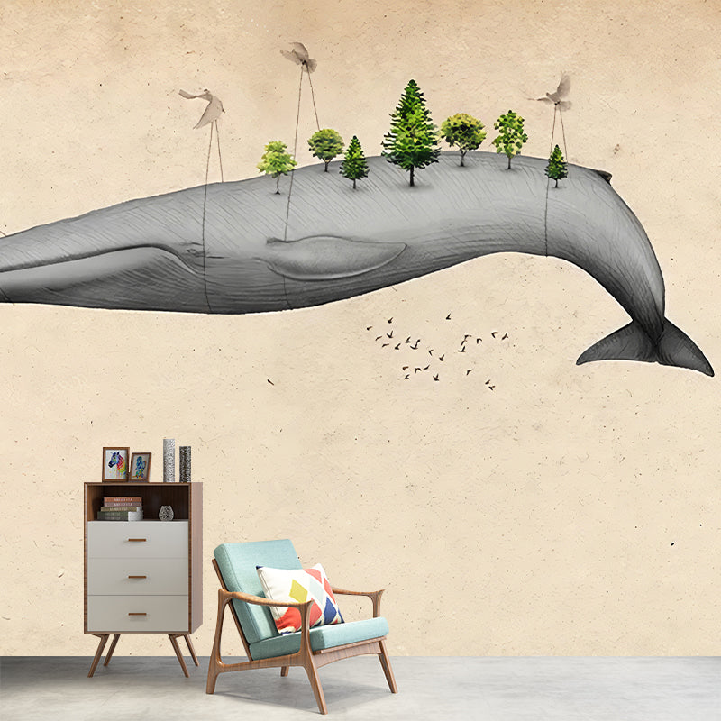Light Color Flying Whale Murals Animal Cartoon Moisture Resistant Wall Art for Nursery