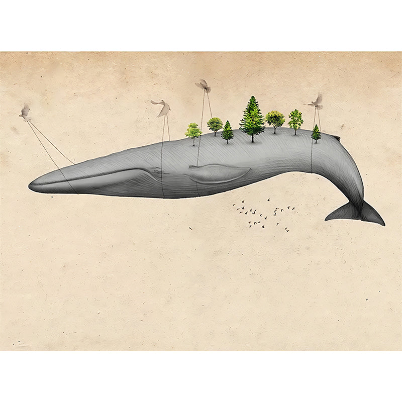 Light Color Flying Whale Murals Animal Cartoon Moisture Resistant Wall Art for Nursery