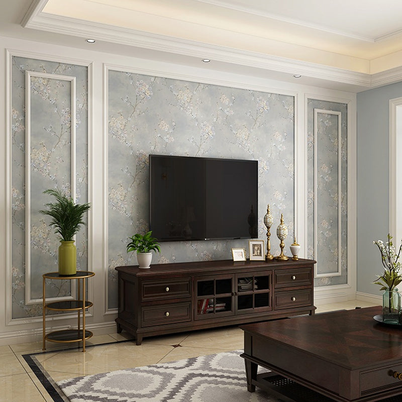 Plum Flowers Wallpaper Roll Rustic Glitter Wall Decoration in Light Color, Non-Woven