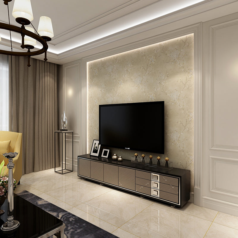 Plum Flowers Wallpaper Roll Rustic Glitter Wall Decoration in Light Color, Non-Woven