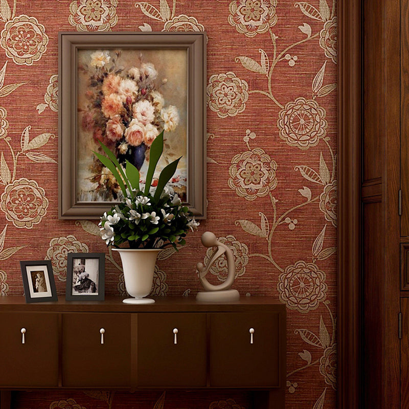 Gold Sunflower Wallpaper Roll Non-Pasted Rustic Living Room Wall Decor on Dark Red