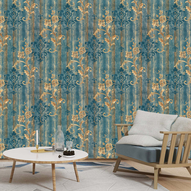 Satin Moisture Resistant Wallpaper European Flower Printed Wall Art in Antiqued Blue