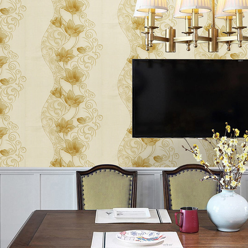 Gold Lotus Blossom Wallpaper Roll Stain Resistant Rustic Dining Room Wall Covering