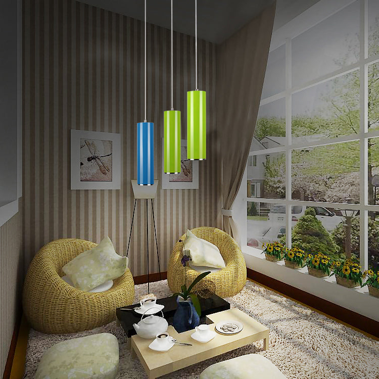 11"/19"/23.5" H Blue/Green Metal Cylinder Pendant Lamp Simple Style 1 Head Bar Hanging Pendant Light in Warm/White