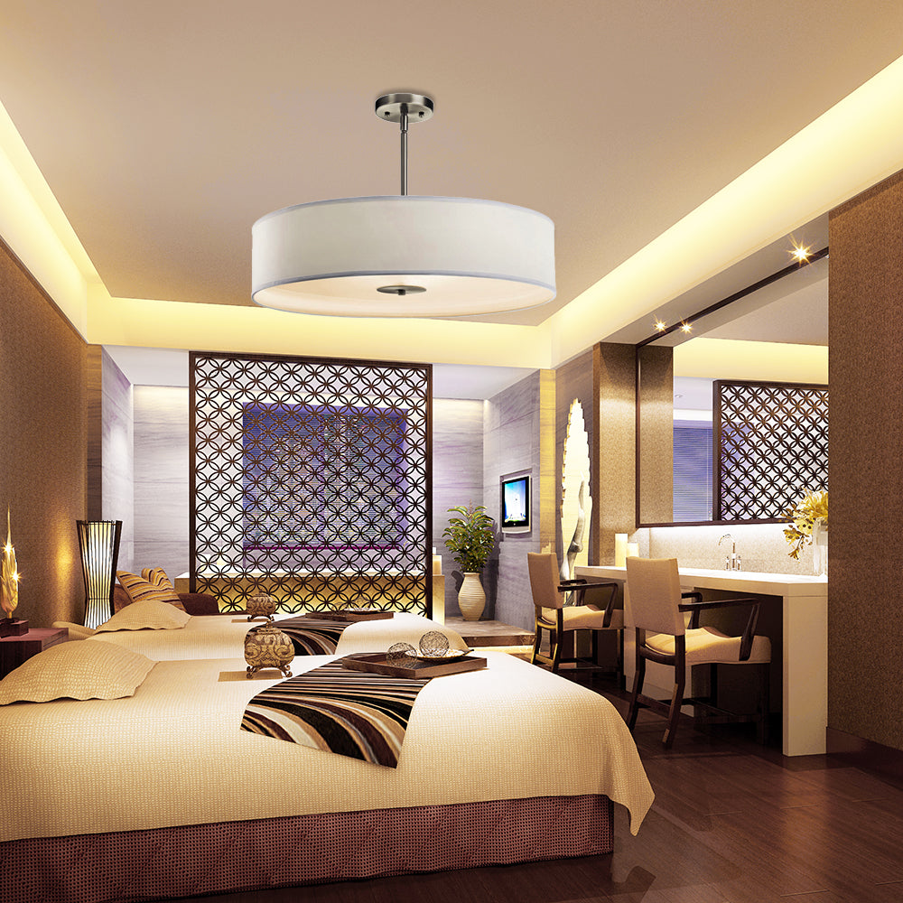 Trommelanhänger Leuchte Modernismus Stoff weiße LED -Deckenleuchte, 16 "/19.5"/23,5 "Dia