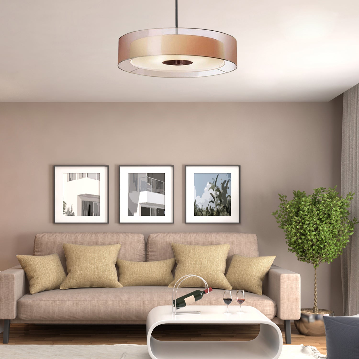 Drum Pendant Light Fixture Modernism Fabric Coffee LED Hanging Ceiling Light, 16"/19.5"/23.5" Dia