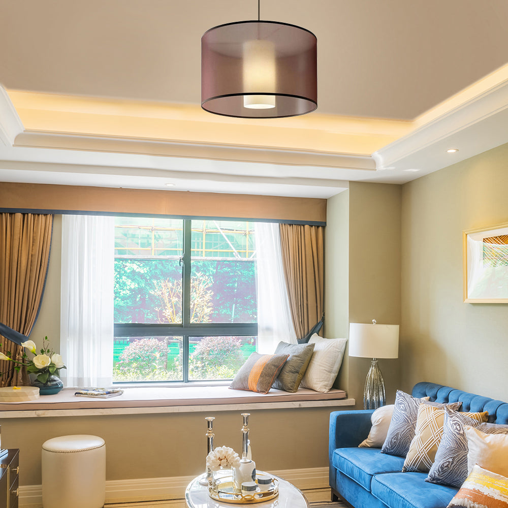 Éclairage pendentif cylindre Tissu nordique LED marron plafond suspendu, 16 "/19,5" /23,5 "dia