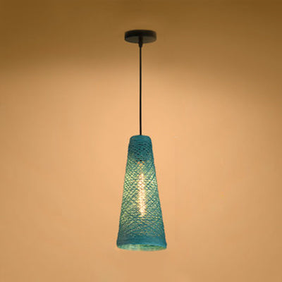 Rattan Handmade Pendant Lamp Contemporary 1 Light Hanging Lamp with Cone Shade in Blue/Brown