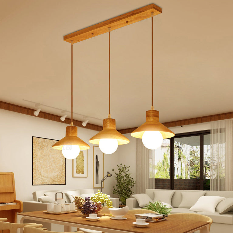 Coolie Shade Hanging Light with Linear/Round Canopy Modern Wooden Pendant Light in Beige for Kid Room