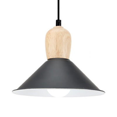 Metal Cone Pendant Light with Wooden Bulb Base 1 Head Nordic Style Hanging Light for Office
