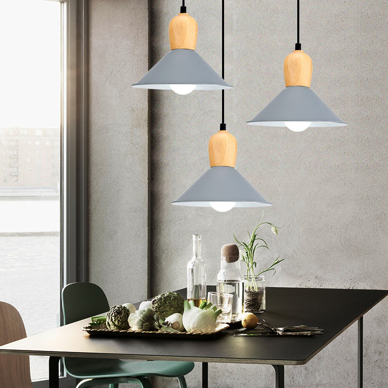 Metal Cone Pendant Light with Wooden Bulb Base 1 Head Nordic Style Hanging Light for Office