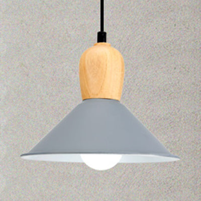 Metal Cone Pendant Light with Wooden Bulb Base 1 Head Nordic Style Hanging Light for Office