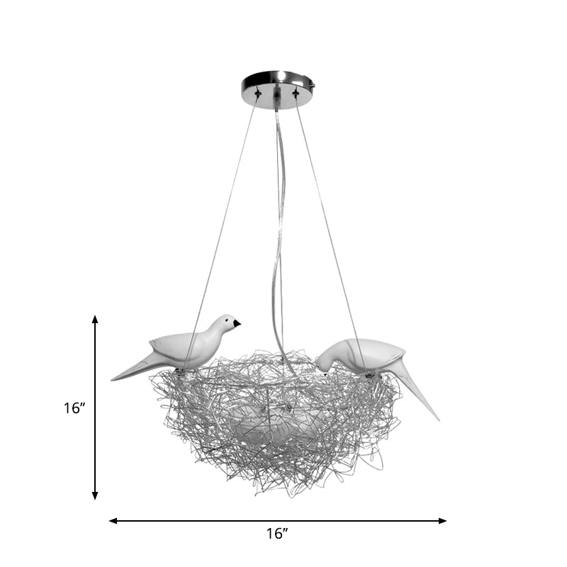 Aluminum Nest-Like Pendant Light Decorative Children Room LED Suspension Lamp with Bird Design in Silver